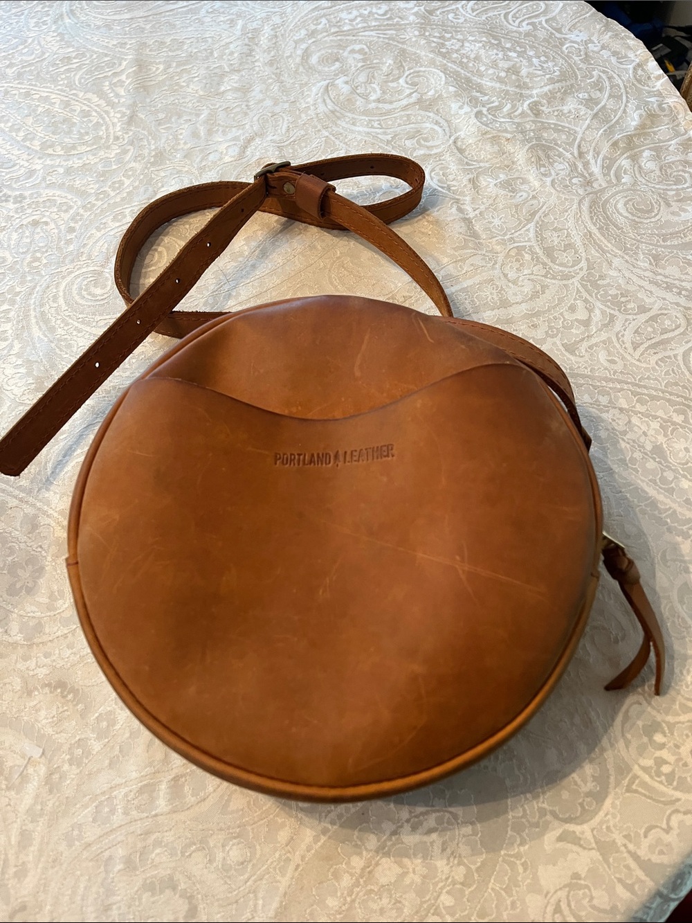 Portland Leather Round Messenger Bag in Cognac in EUC